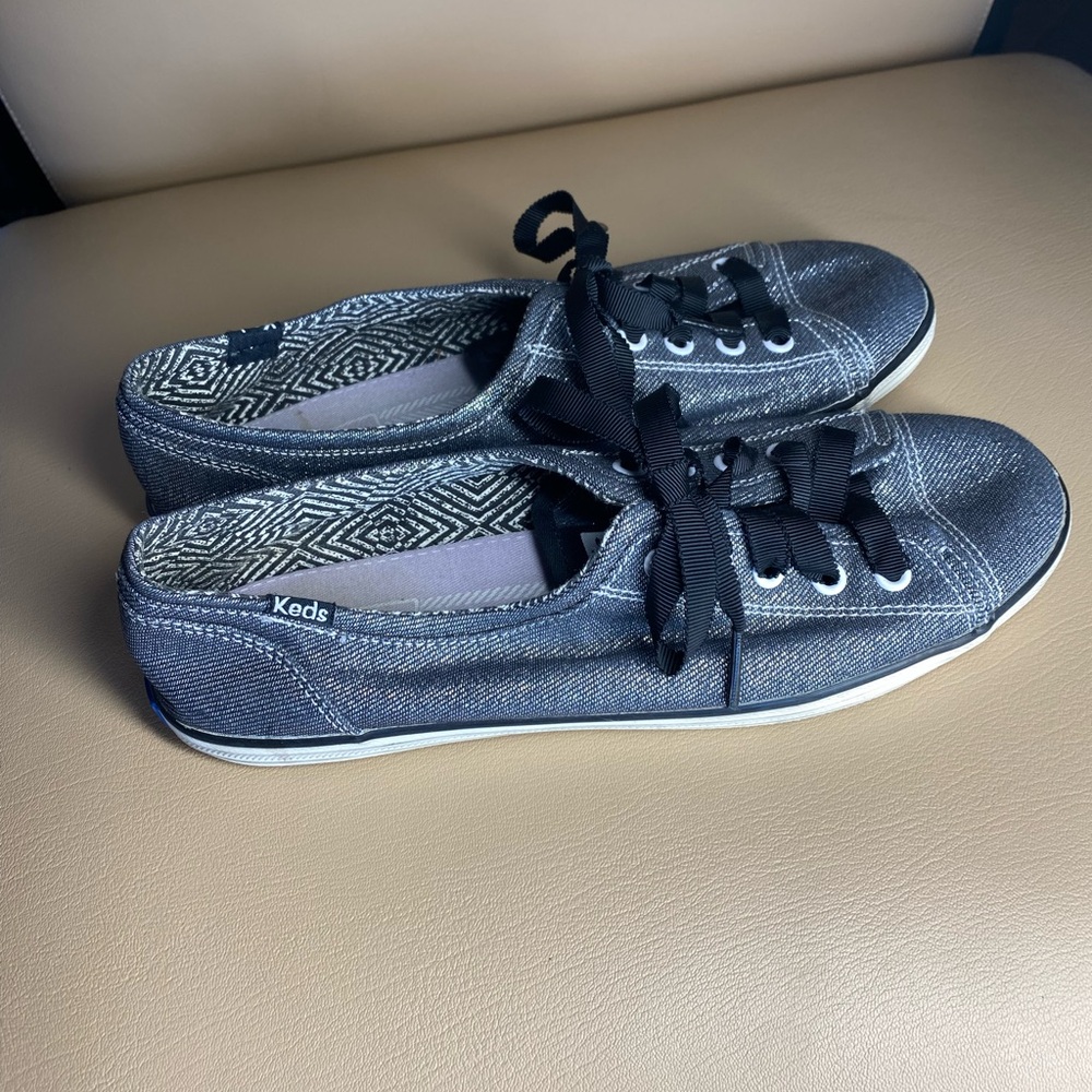 KEDS Black Silver Metallic Ribbon Shoes Sneakers Size US 7